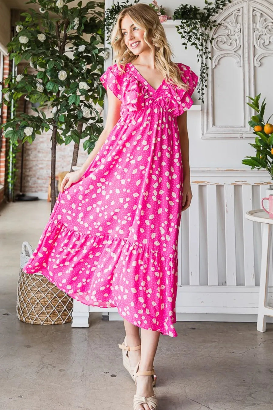 Main Character V-Neck Ruffle Trim Tiered Midi Dress