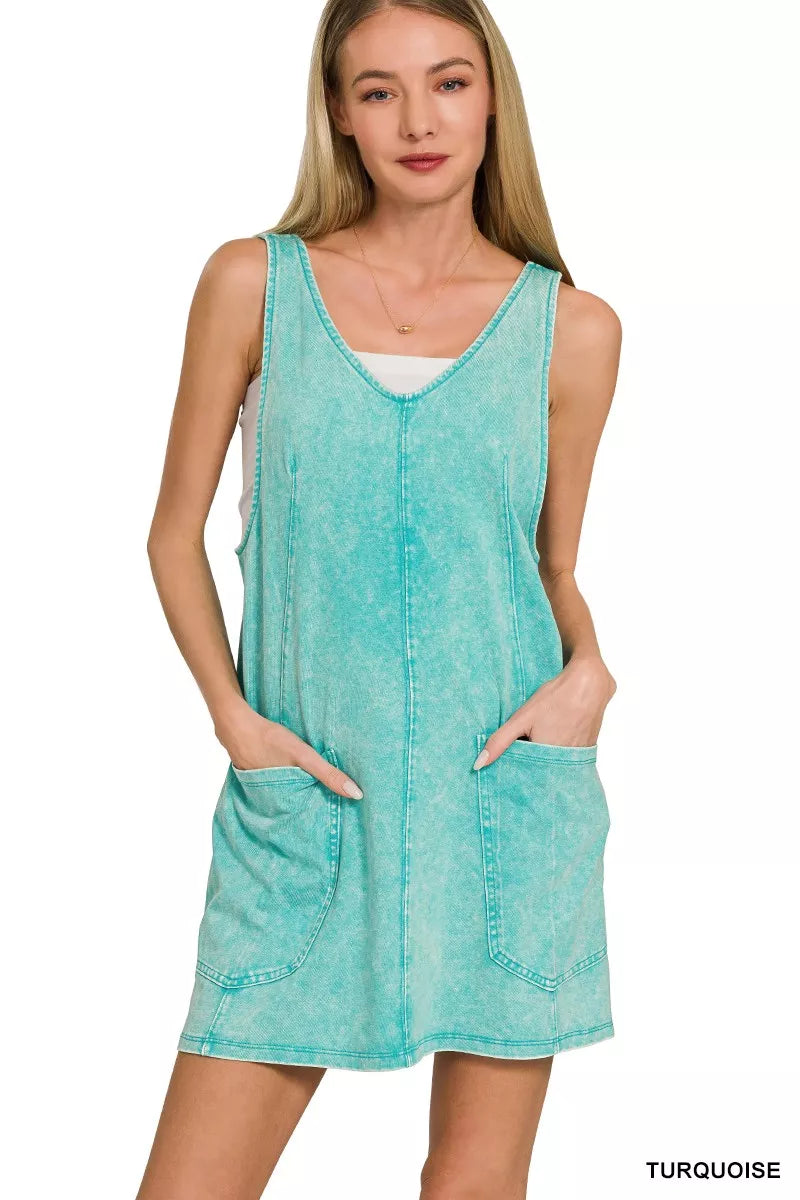 Tropic Blue Acid Washed Overall Knit Mini Dress